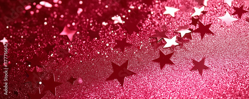 Glittering pink background with star shaped confetti creating festive atmosphere