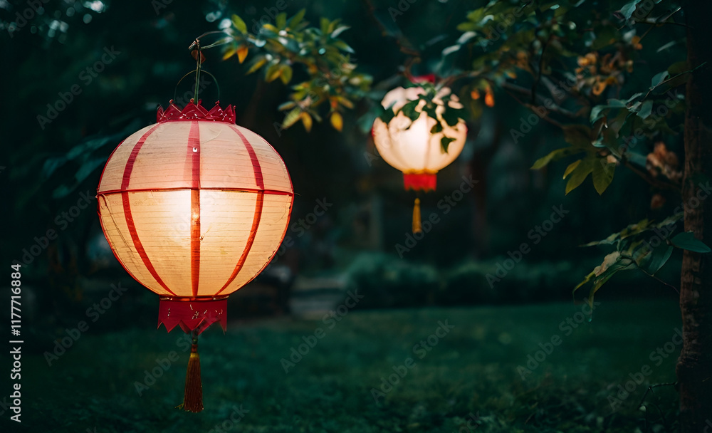 Two chinese paper lantern in a paceful night
