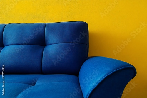 Blue sofa against yellow wall. Interior design photo