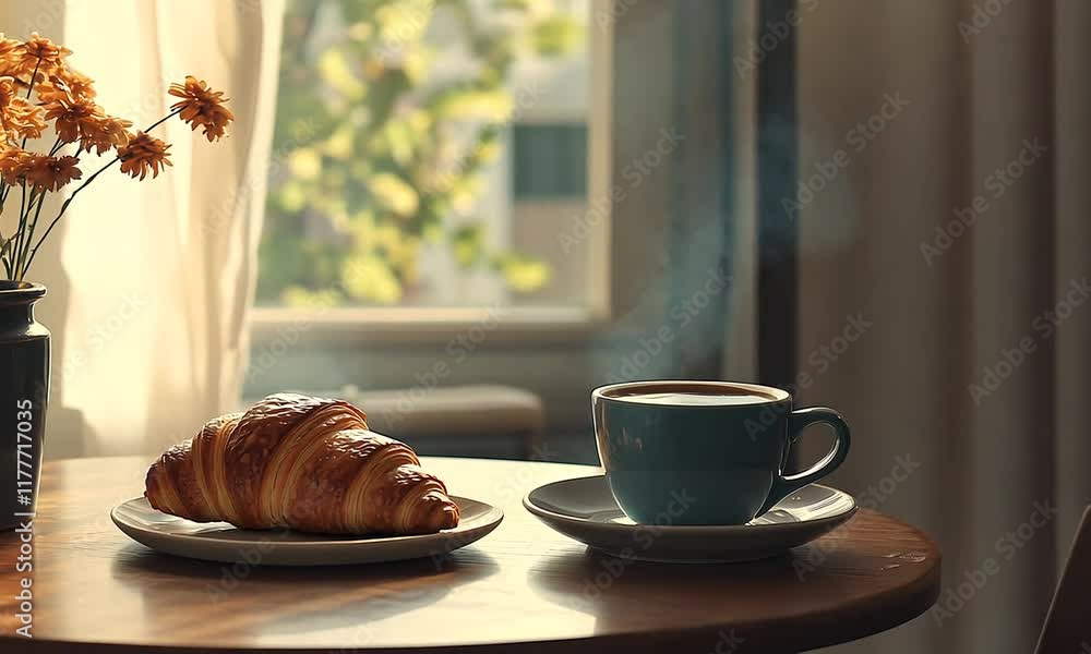 A serene breakfast scene featuring a croissant and coffee by a sunlit window. A serene breakfast scene featuring a croissant and coffee by a sunlit window.