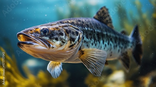 Fish swimming underwater near seaweed. photo