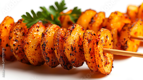 Closeup of savory potato spiral skewers, crispy and golden, vibrant street fair photo