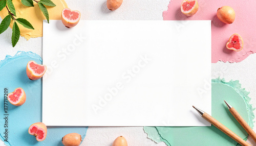 Colorful workspace with fresh fruits and blank paper, creative inspiration