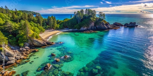 Serene Rocky Beach: Tranquil Ocean, Isolated Trees, Copy Space