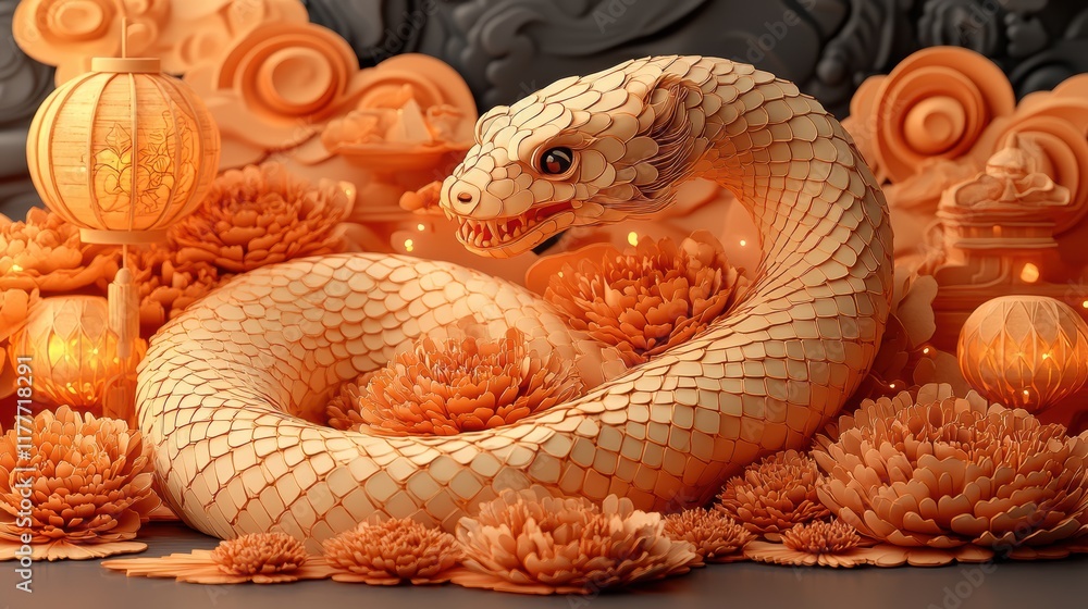 Fototapeta premium Artistic Representation of a Snake Entwined with Traditional Elements