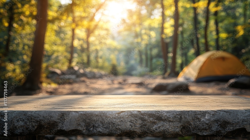 Stone Tabletop In A Sunny Forest Campsite Stone Tabletop In A Sunny Forest Campsite