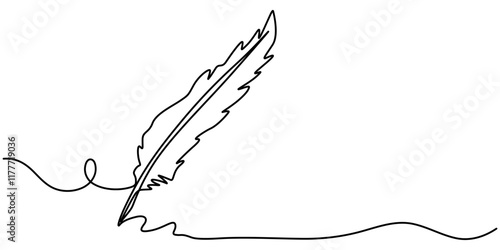 Continuous one simple single abstract line drawing of vintage fountain pen with inkwell icon in silhouette on a white background. Linear stylized, Continuous one simple single abstract line drawing.