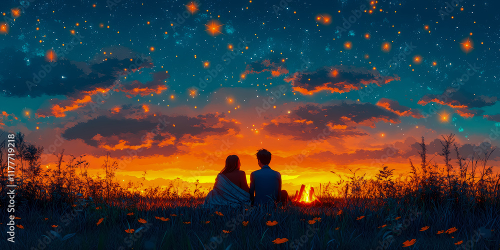 Obraz premium Silhouetted Couple Gazing at a Night Sky Adorned with Floating Lights During Sunset