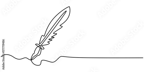 Continuous one simple single abstract line drawing of vintage fountain pen with inkwell icon in silhouette on a white background. Linear stylized, Continuous one simple single abstract line drawing.