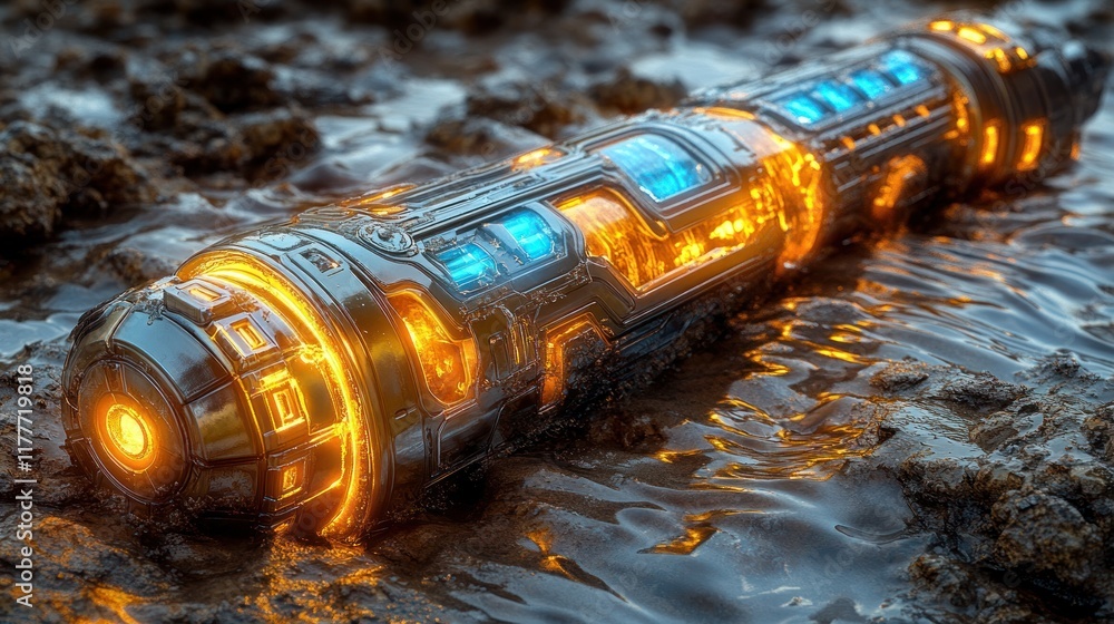 Futuristic glowing device in mud. Futuristic glowing device in mud.
