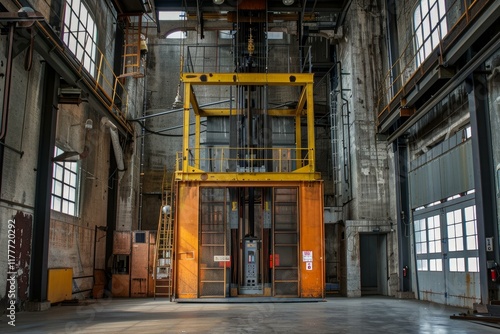Large industrial freight elevator sits idle in the middle of an abandoned factory building