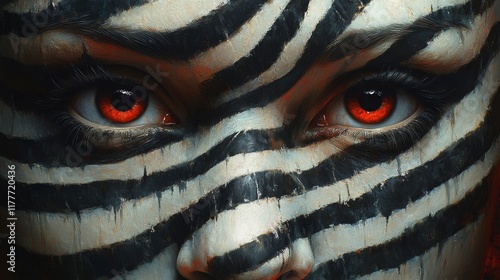 A woman's face is painted with black and white stripes and red eyes