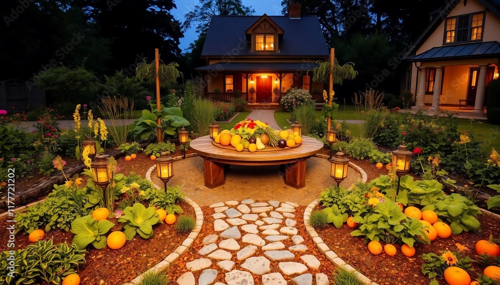 Obraz premium A beautiful, round garden with vegetables and fruits in the center of which is an old wooden table surrounded by flowers, lanterns, and warm lighting