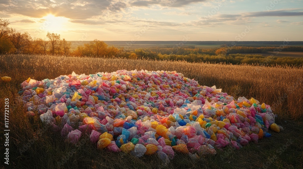 Fototapeta premium Colorful Bags Piled in Nature at Sunset