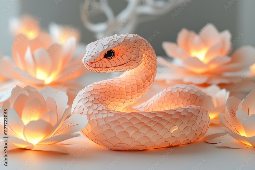 Fototapeta premium Artistic Paper Snake Wrapped with Flowers in Tranquil Settings