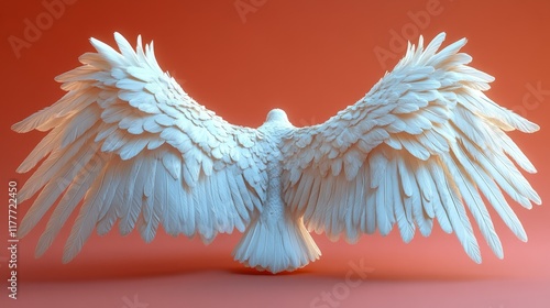 A white bird with its wings spread out on a red background photo