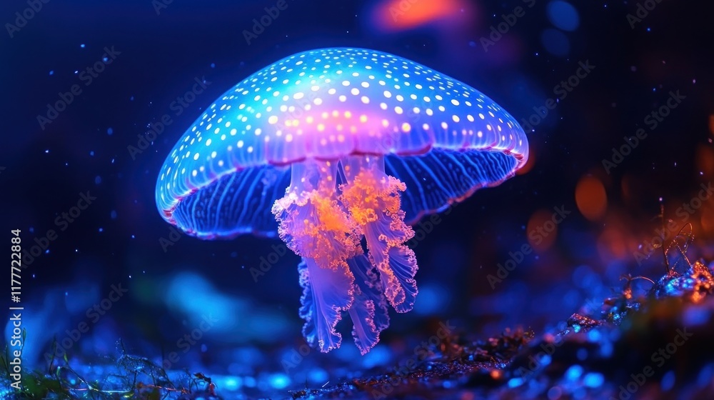 Fototapeta premium Glowing jellyfish underwater with vibrant colors.