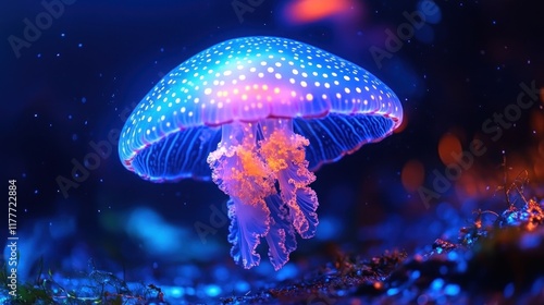 Glowing jellyfish underwater with vibrant colors. photo