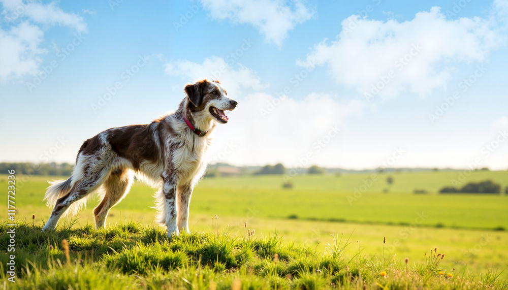 Majestic Irish wolfhound standing in a wide open meadow during daytime
