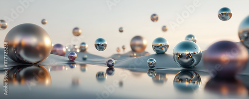 A surreal landscape of floating metallic orbs in various sizes and colors, hovering over a smooth, reflective surface. 