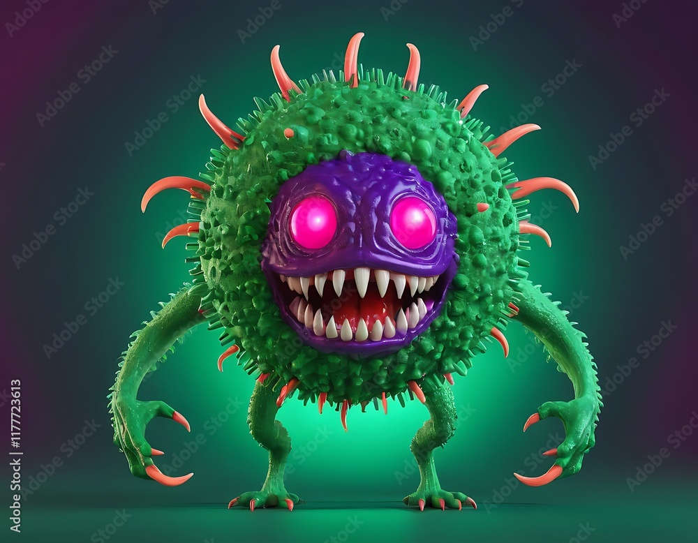 Evil coronavirus monster isolated on green background. Danger virus or bacteria. Covid-19, HIV, AIDS. 3D cartoon character. Banner or poster with copy space Evil coronavirus monster isolated on green background. Danger virus or bacteria. Covid-19, HIV, AIDS. 3D cartoon character. Banner or poster with copy space