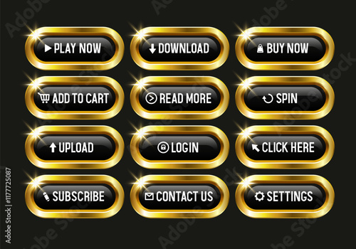 Black buttons in a golden frame. Buttons for the website. Vector set.