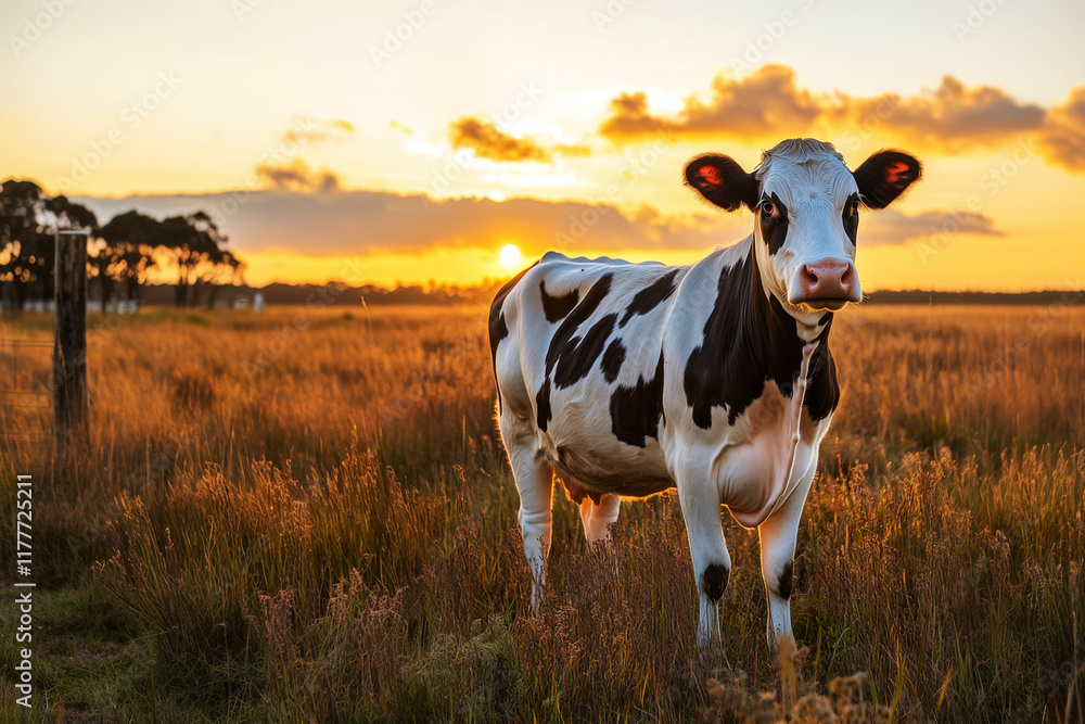 A cow against the backdrop of a meadow in the rays of the setting sun, copy space about traditional livestock farming and free-range cattle A cow against the backdrop of a meadow in the rays of the setting sun, copy space about traditional livestock farming and free-range cattle