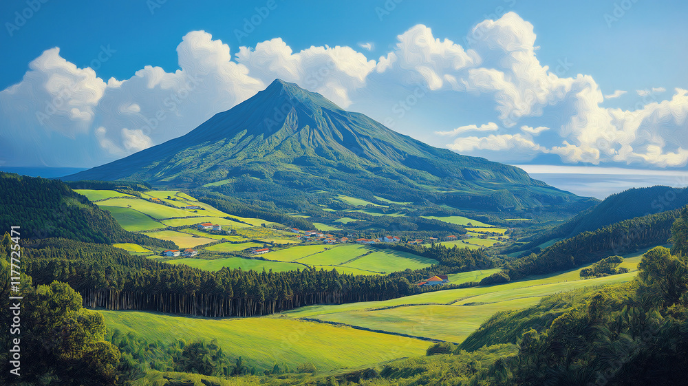 Fototapeta premium Ponta delgada island mountain landscape with rolling hills and vibrant greenery in the azores