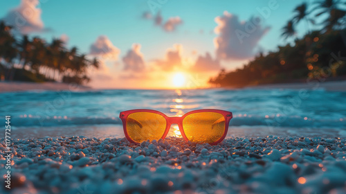 Wallpaper Mural vibrant sunset over tropical beach with sunglasses in foreground, capturing essence of relaxation and summer vibes. scene is filled with palm trees and gentle waves Torontodigital.ca