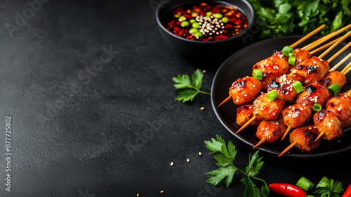 Closeup of teriyaki chicken skewers with glossy sauce, urban street setting photo