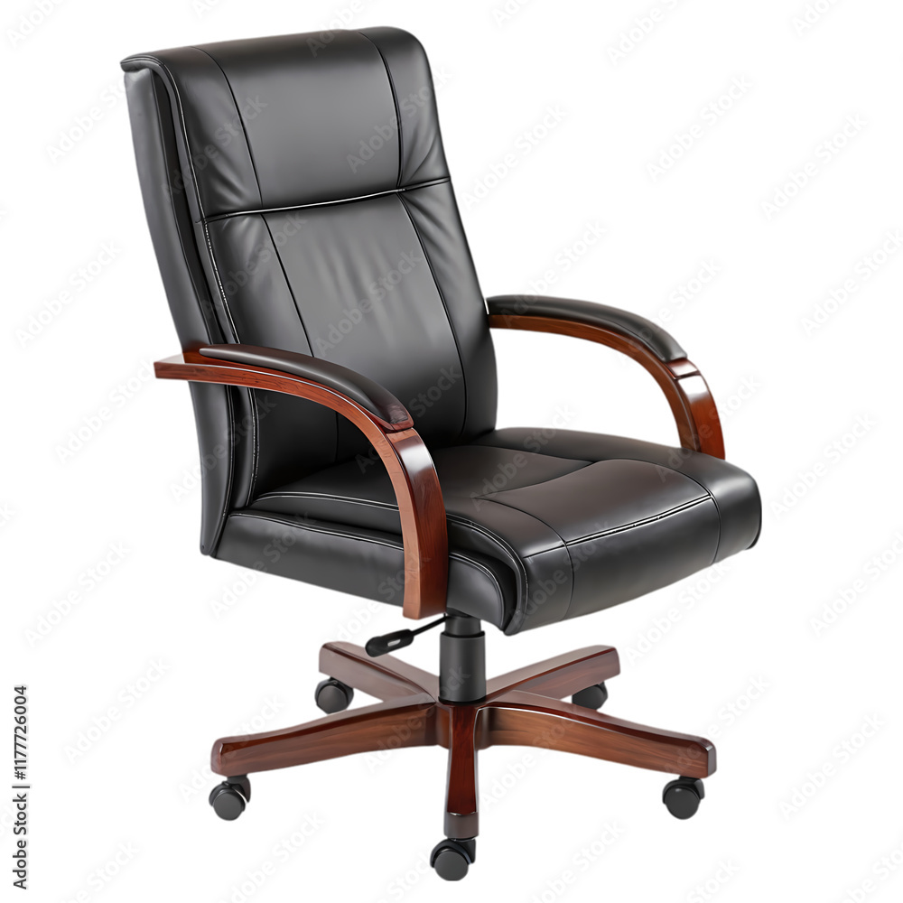 Naklejka premium Luxurious black leather office chair with gold accents.