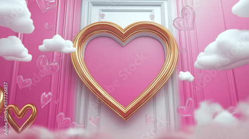 Golden heart frame decorates pink room with clouds and hearts floating
