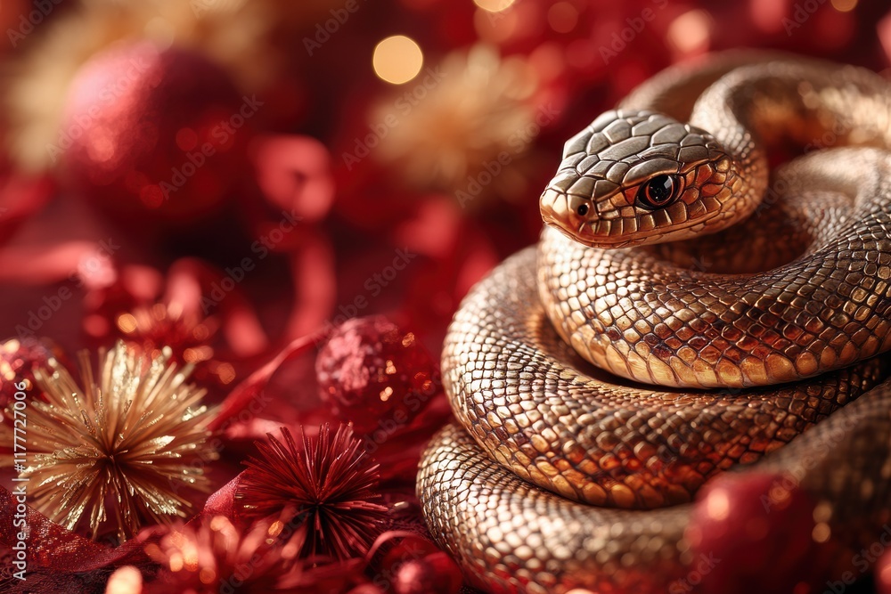 Elegant Snake Coiling Amidst Festive Red and Gold Decorations Elegant Snake Coiling Amidst Festive Red and Gold Decorations