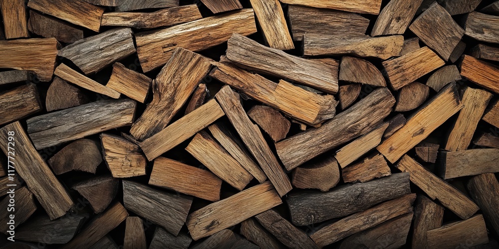 A wall of stacked firewood, showcasing the texture and pattern created by wood slabs arranged in an orderly fashion. The background is dark to highlight each piece of cut wooden planks A wall of stacked firewood, showcasing the texture and pattern created by wood slabs arranged in an orderly fashion. The background is dark to highlight each piece of cut wooden planks