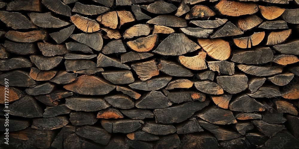 A wall of stacked firewood, showcasing the texture and pattern created by wood slabs arranged in an orderly fashion. The background is dark to highlight each piece of cut wooden planks A wall of stacked firewood, showcasing the texture and pattern created by wood slabs arranged in an orderly fashion. The background is dark to highlight each piece of cut wooden planks