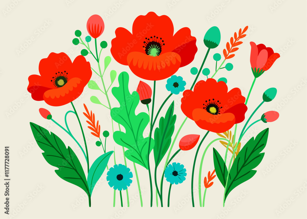 Fototapeta premium Vibrant Red Poppies Botanical Illustration with Green Leaves – Bold Floral Art