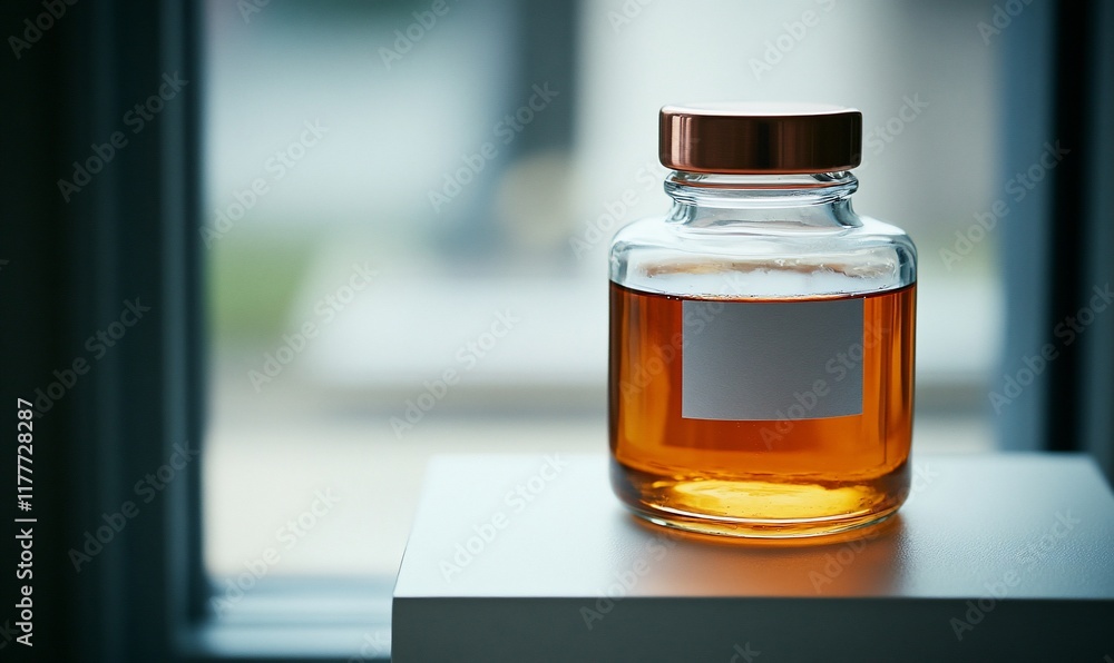 Amber liquid in glass jar on white shelf by window Amber liquid in glass jar on white shelf by window