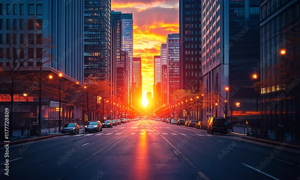 A sunset view between skyscrapers illuminating a city street with vibrant colors. A sunset view between skyscrapers illuminating a city street with vibrant colors.