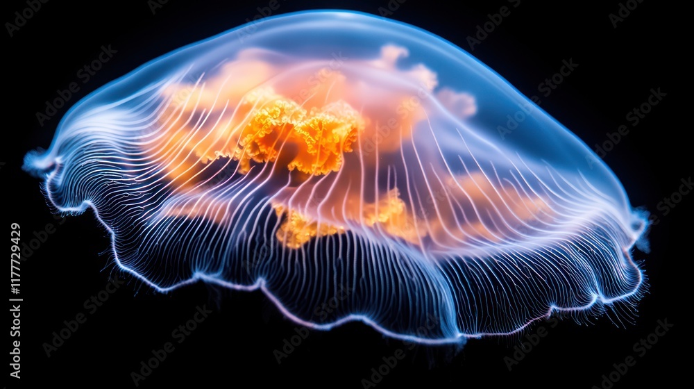 Fototapeta premium Illuminated jellyfish with orange glow, dark background.