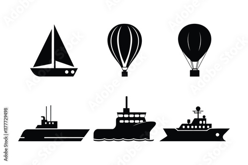 Set of Transport Icons Featuring Ships and Hot Air Balloons in Black Silhouette Design