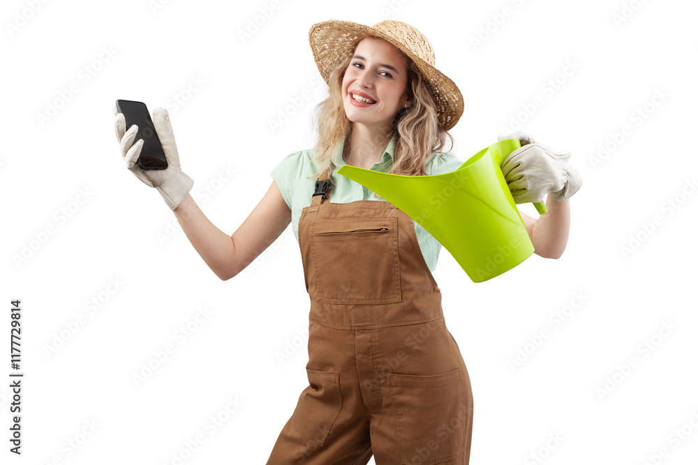 Smiling woman wearing an apron, hat and gloves for gardening holding a watering can, isolated on a white background showing smartphone. Online gardening shopping for spring and garden work Smiling woman wearing an apron, hat and gloves for gardening holding a watering can, isolated on a white background showing smartphone. Online gardening shopping for spring and garden work