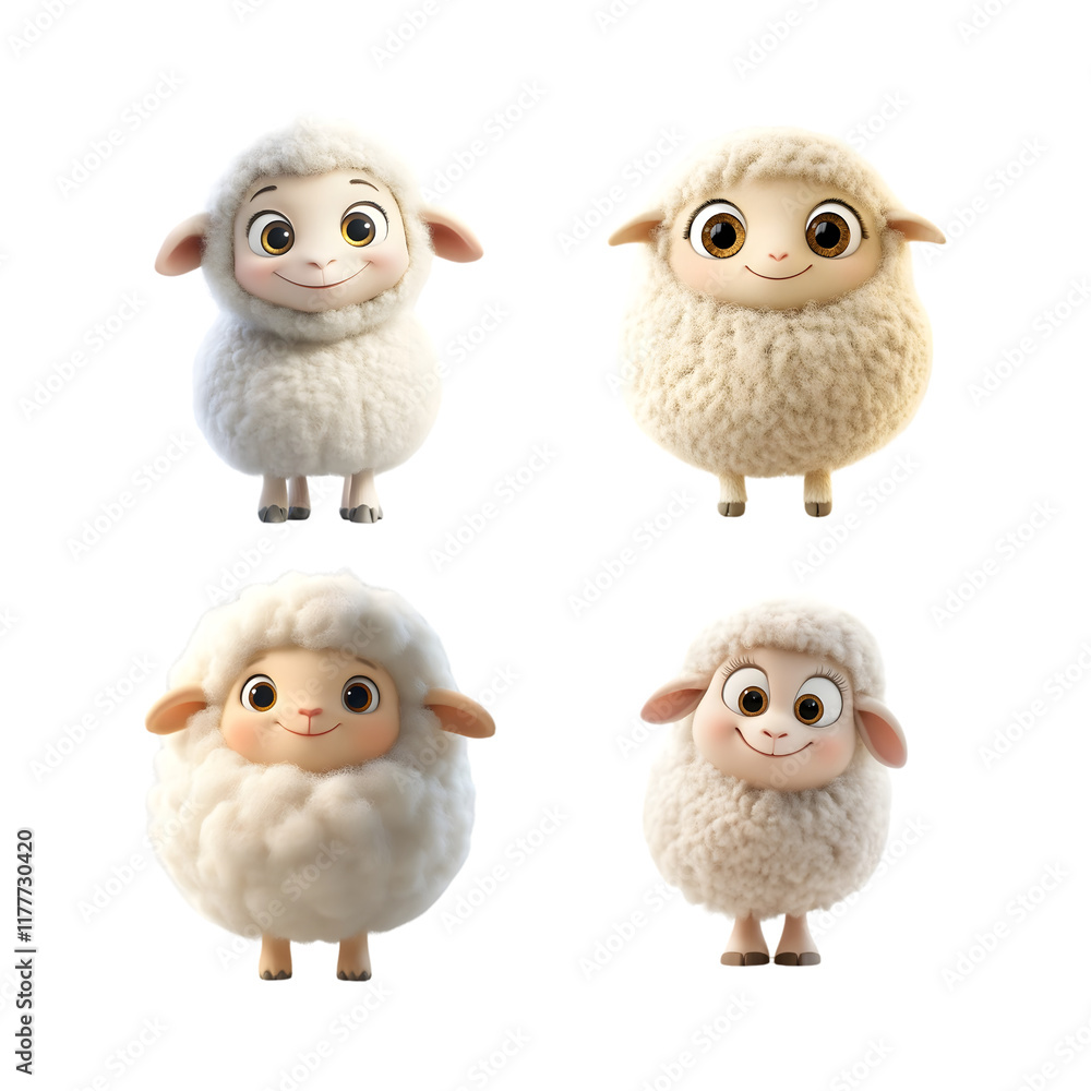 Adorable cartoon sheep, four variations, fluffy, cute, happy expressions, isolated on black background, perfect for children's books, animation, or websites. Adorable cartoon sheep, four variations, fluffy, cute, happy expressions, isolated on black background, perfect for children's books, animation, or websites.