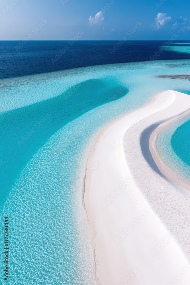 Fototapeta premium Serene turquoise waters and white sand curves in a tropical paradise at midday