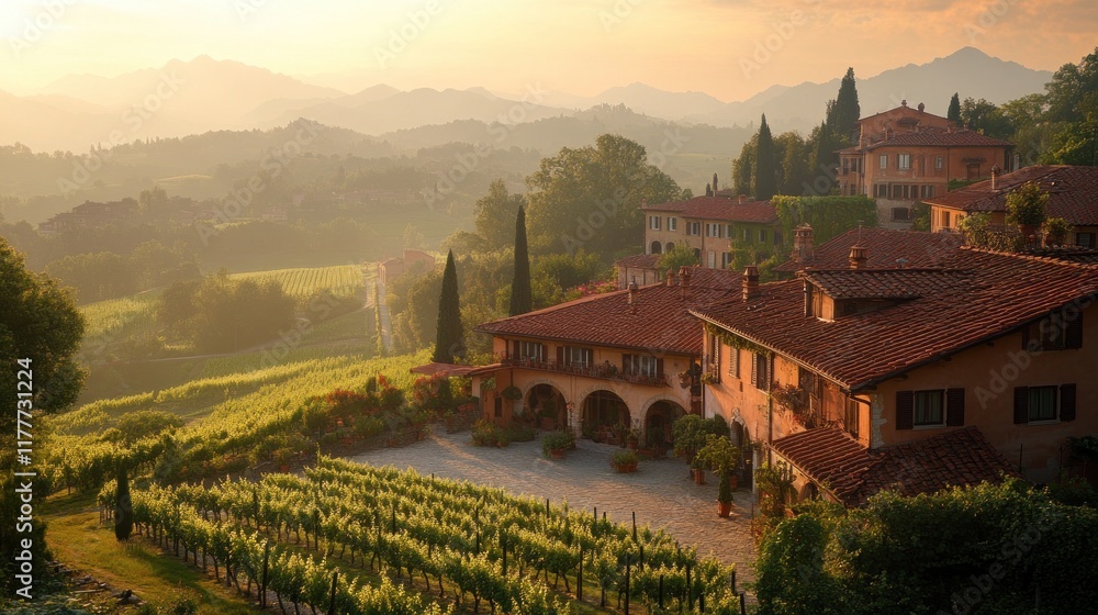 Naklejka premium Italian villa in the vineyards at sunset.