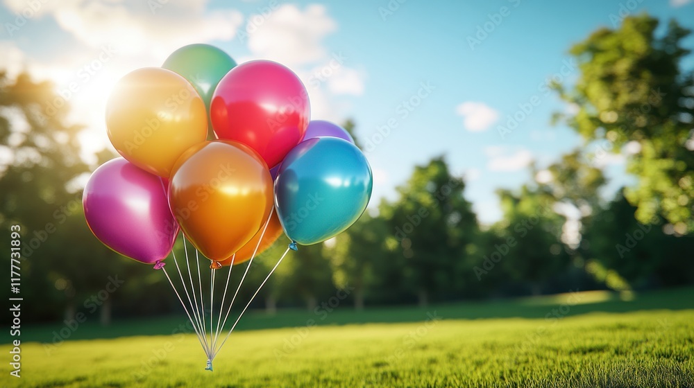 A cluster of vibrant, multi-colored balloons floating gently above a lush green park, with trees and soft sunlight filtering through in the background. A cluster of vibrant, multi-colored balloons floating gently above a lush green park, with trees and soft sunlight filtering through in the background.