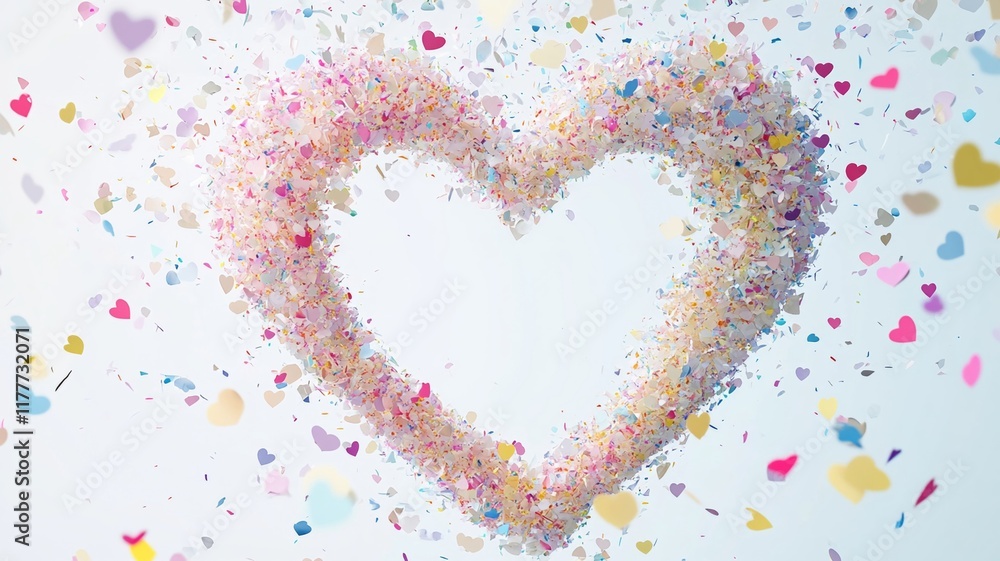 A heart shaped arrangement of colorful pastel confetti creates festive atmosphere, perfect for celebrations and love themed events A heart shaped arrangement of colorful pastel confetti creates festive atmosphere, perfect for celebrations and love themed events