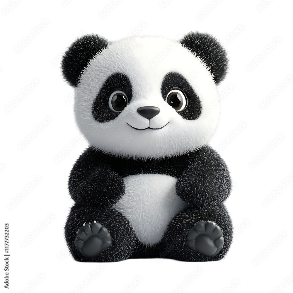 Adorable 3D rendered baby panda bear sitting, fluffy fur, happy expression, perfect for children's products, cards, or websites. Adorable 3D rendered baby panda bear sitting, fluffy fur, happy expression, perfect for children's products, cards, or websites.