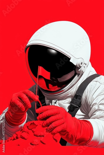 Astronaut examining soil samples on a vivid red background in a futuristic setting