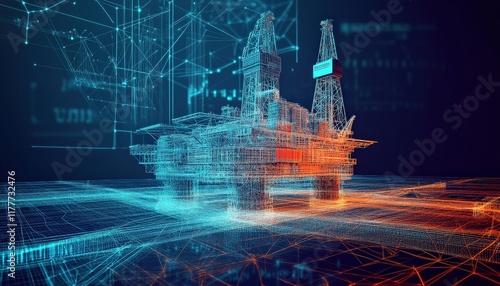 Offshore Oil Rig Platform Digital Wireframe Model 3D Rendering Network Data Visualization
