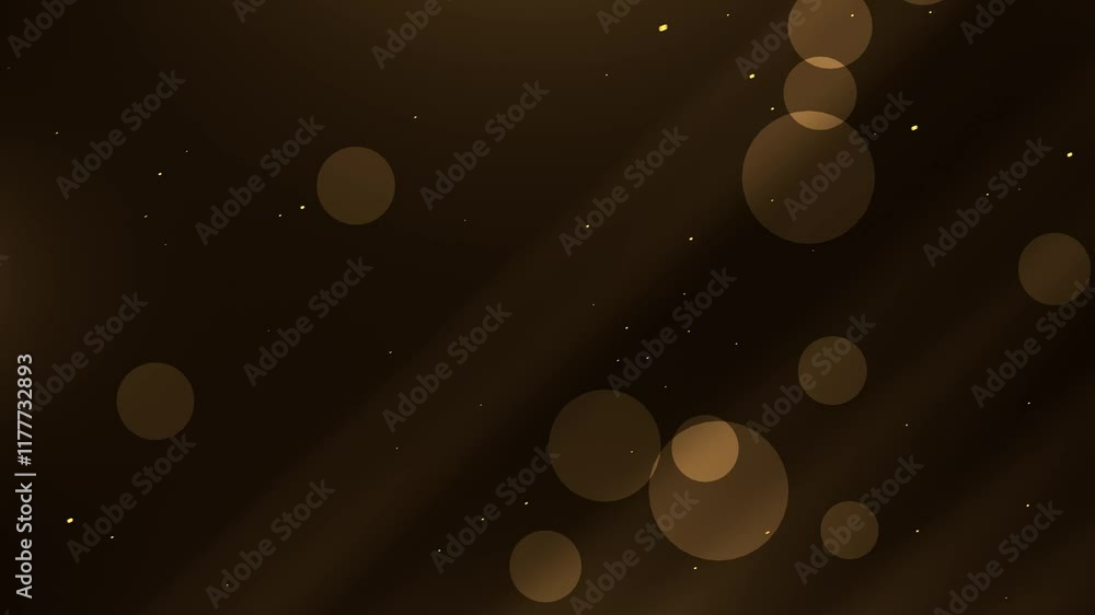 Gold bokeh animation with glowing particles gently moving on a dark background, creating an elegant and luxurious atmosphere. Perfect for romantic, glamorous, or celebratory themes.